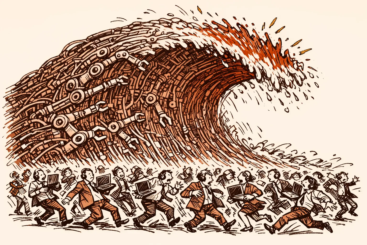 Editorial illustration of a massive wave made of circuit board patterns crashing over a crowd of Indian IT and BPO workers carrying laptops and headsets, representing the scale of AI-driven job displacement