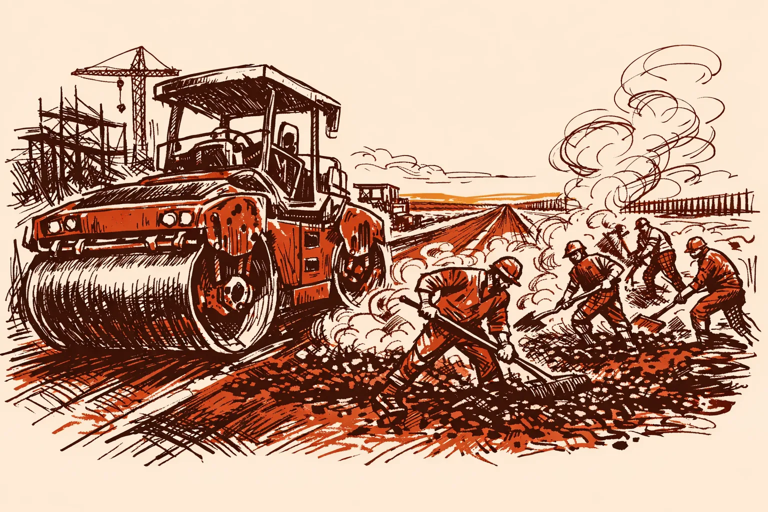 Editorial illustration of a Border Roads Organisation construction crew with a road roller laying fresh asphalt through desert terrain, representing the accelerated pace of India's western frontier road building under Project Chetak