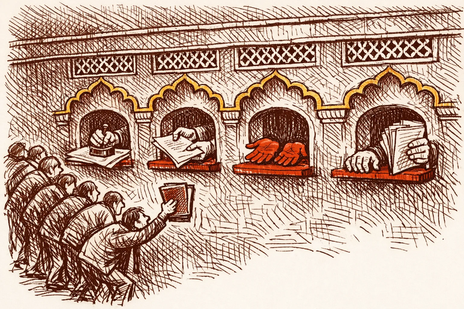 Editorial illustration of bureaucratic service windows with hands holding documents out of reach and open palms demanding payment, while a queue of figures waits in weary resignation