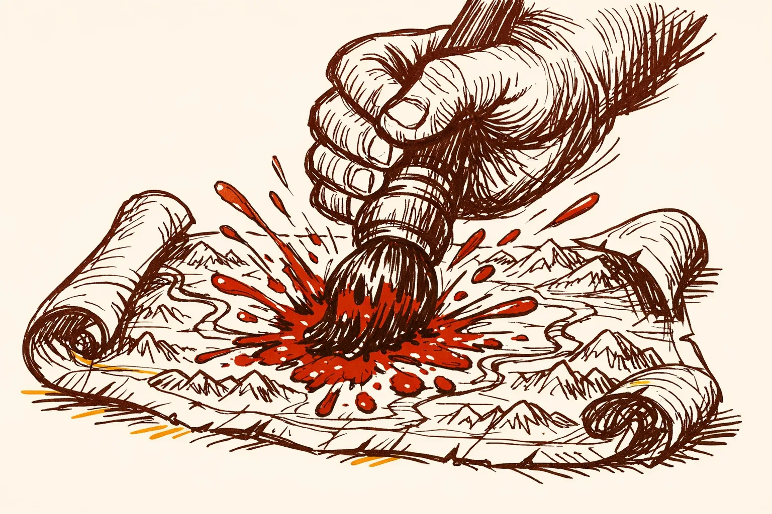 Editorial illustration of a large hand forcefully pressing a dripping ink brush onto a map scroll, symbolizing China's cartographic aggression and fake renaming of locations in Arunachal Pradesh