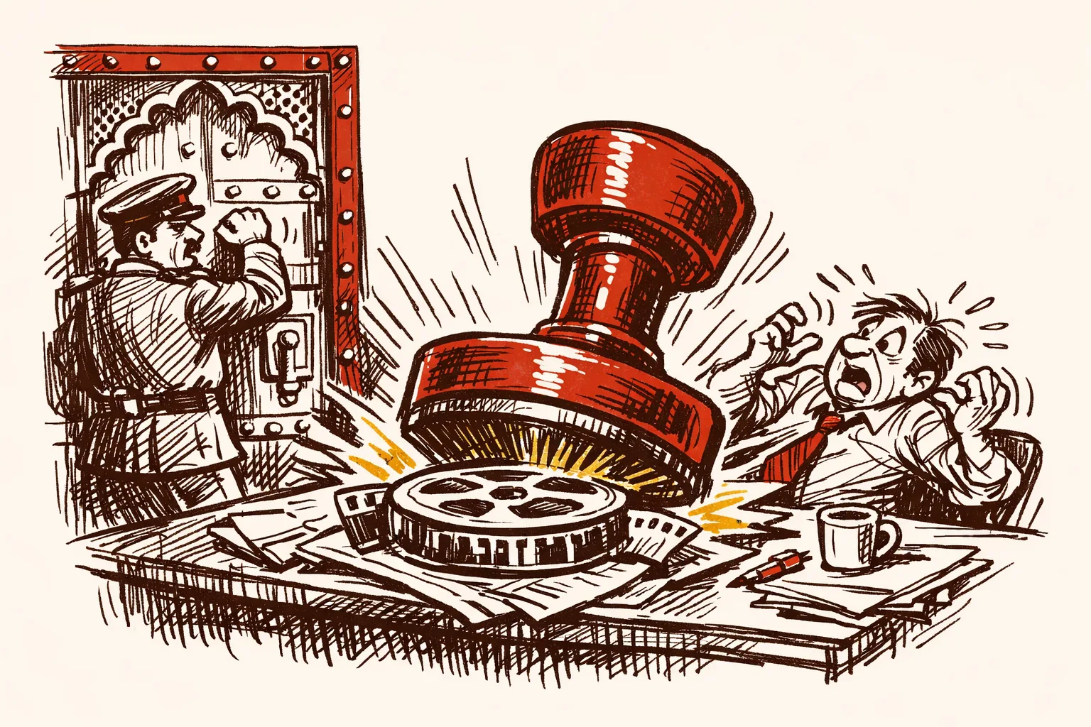 Editorial illustration of a civilian official stamping a film certification while a military officer is locked outside the review room, symbolizing the absence of defense consultation in India's film certification process.