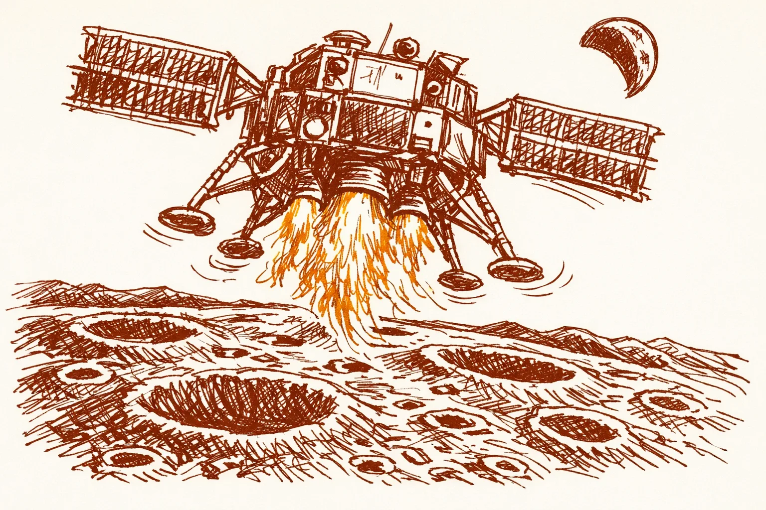 Editorial ink illustration of the Chandrayaan-3 spacecraft lander descending onto the cratered lunar south pole surface with Earth visible in the background