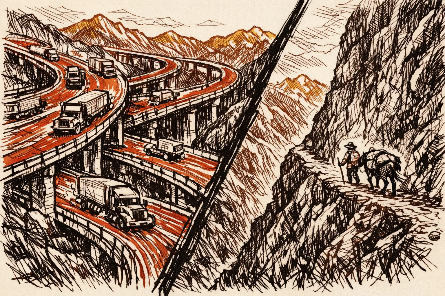 Editorial illustration split composition showing a dense modern highway network contrasted with a narrow mountain dirt track, representing the infrastructure gap between China's Tibet roads and India's delayed border roads