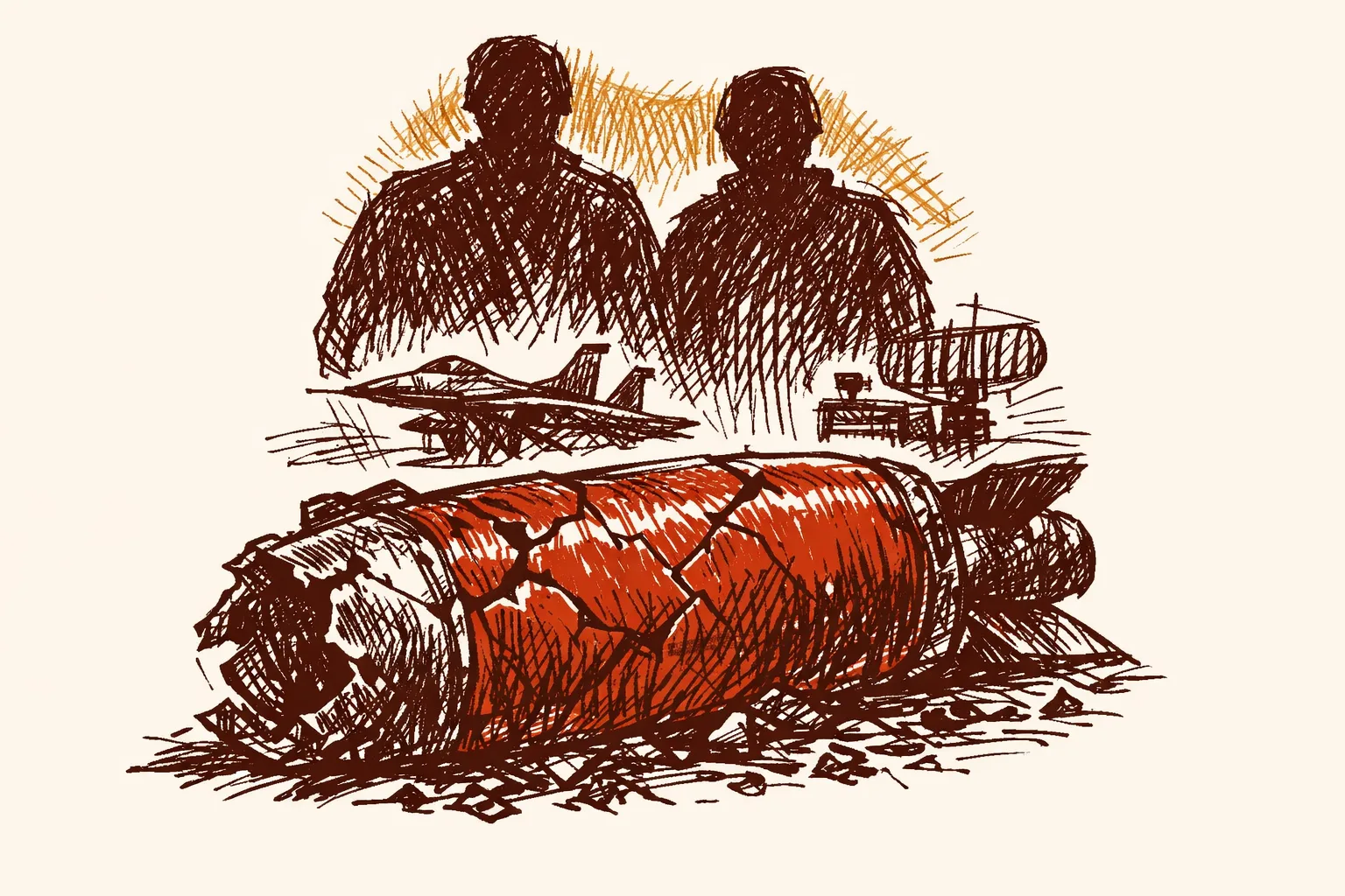 Editorial illustration of a cracked recovered missile on the ground with two large shadowy allied figures looming behind it, representing China's military backing of Pakistan revealed during Operation Sindoor
