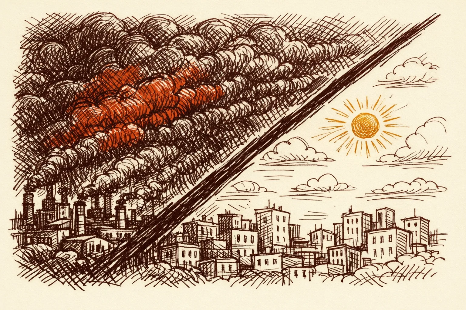 Editorial illustration split diagonally showing one side with dense smog over a city skyline and the other side with clearer skies, representing the contrast between successful pollution reduction and ongoing air quality crisis