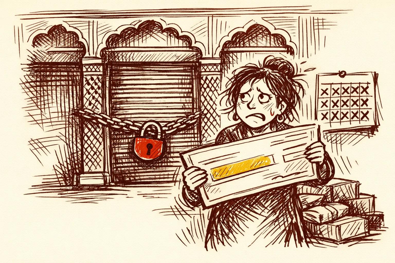Editorial illustration of a small business owner clutching a cheque in front of a shuttered bank branch with padlocked iron doors and Indian architectural arches, conveying payment disruption during bank holidays.