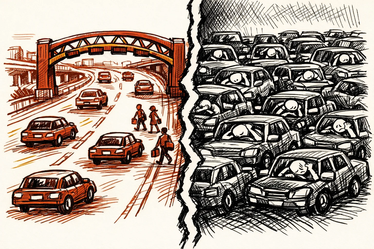 Editorial illustration showing a split scene — free-flowing traffic under a toll gantry on one side and dense gridlock on the other — representing how congestion pricing in Singapore and London improved traffic flow
