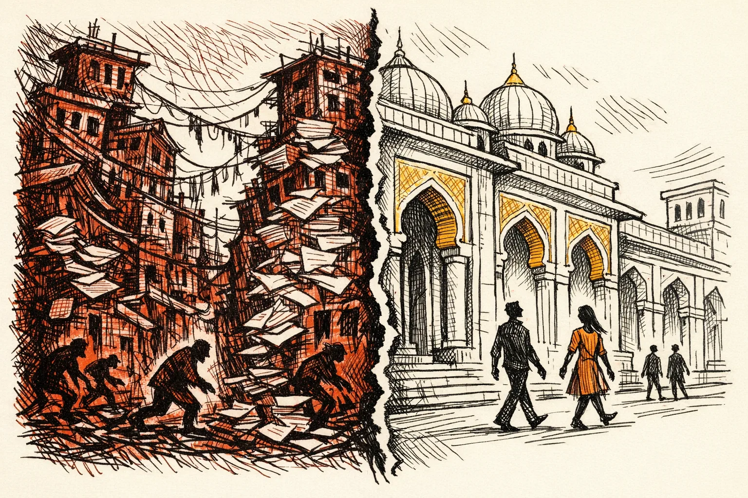 Editorial illustration of two contrasting cityscapes side by side, the left chaotic and tangled representing high corruption, the right ordered and upright representing effective anti-corruption reform