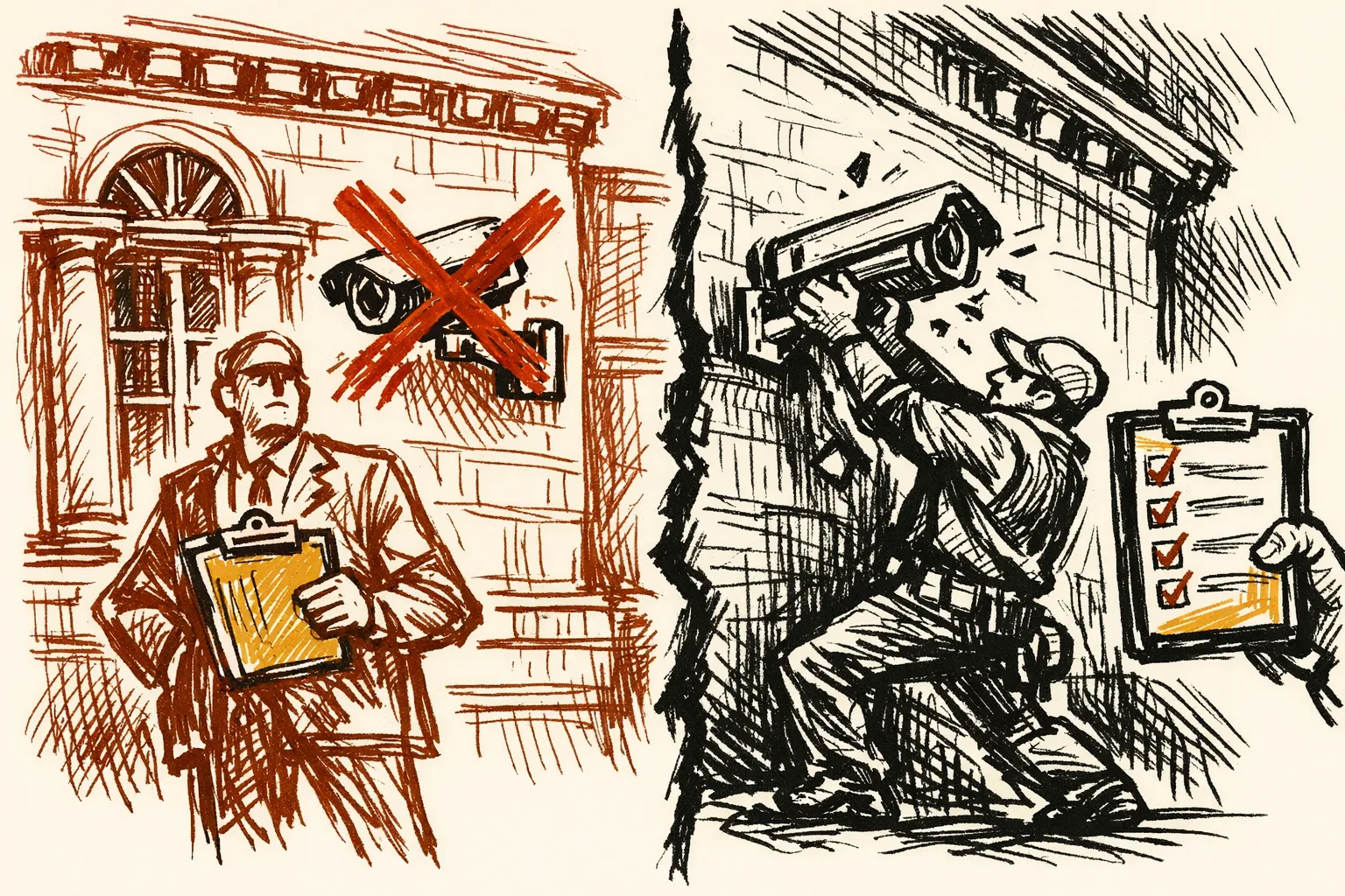 Editorial illustration of government buildings with CCTV cameras being blocked and removed, representing how the US and UK banned and audited Chinese surveillance equipment