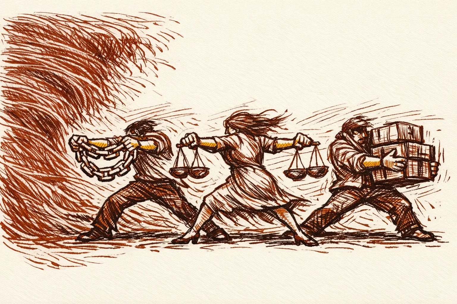 Editorial illustration of three figures standing firm against a pressing force, representing how Japan, Australia, and Nepal resisted economic coercion from hostile neighbors through strategic restructuring