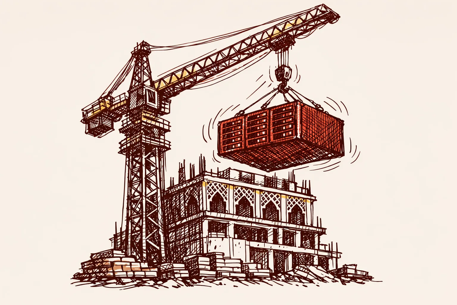 Editorial illustration of a large construction crane lifting a server rack block onto a partially built data centre tower with Indian jali pattern facade details, drawn in energetic pen and ink style on cream background
