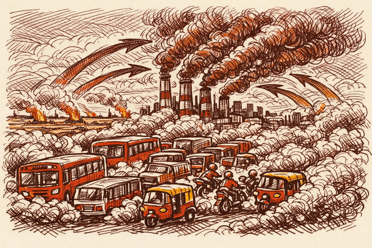 Editorial illustration showing Delhi's congested traffic, industrial smokestacks, and distant farm fires as pollution sources, with arrows showing regional smog blowing into the city