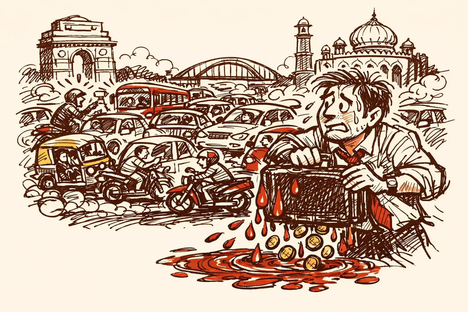 Editorial illustration for Delhi Traffic Is Bleeding India's Capital Economy Dry