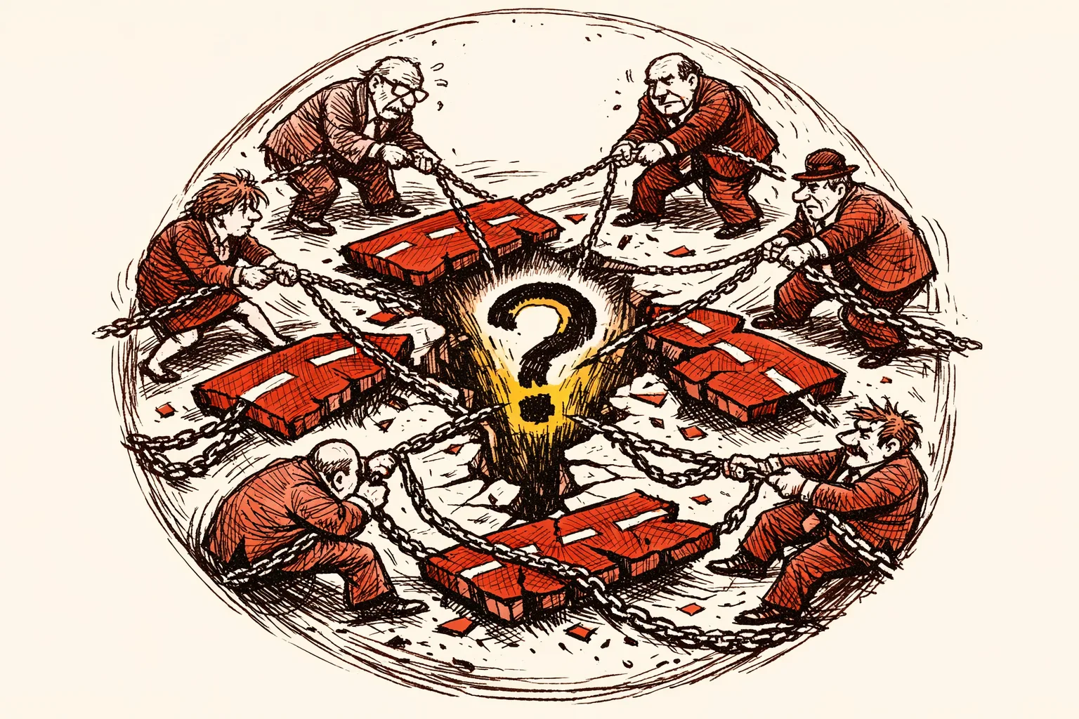 Editorial illustration of multiple bureaucratic figures each pulling a broken road apart in different directions with no central authority, representing Delhi's fragmented five-agency transport governance structure