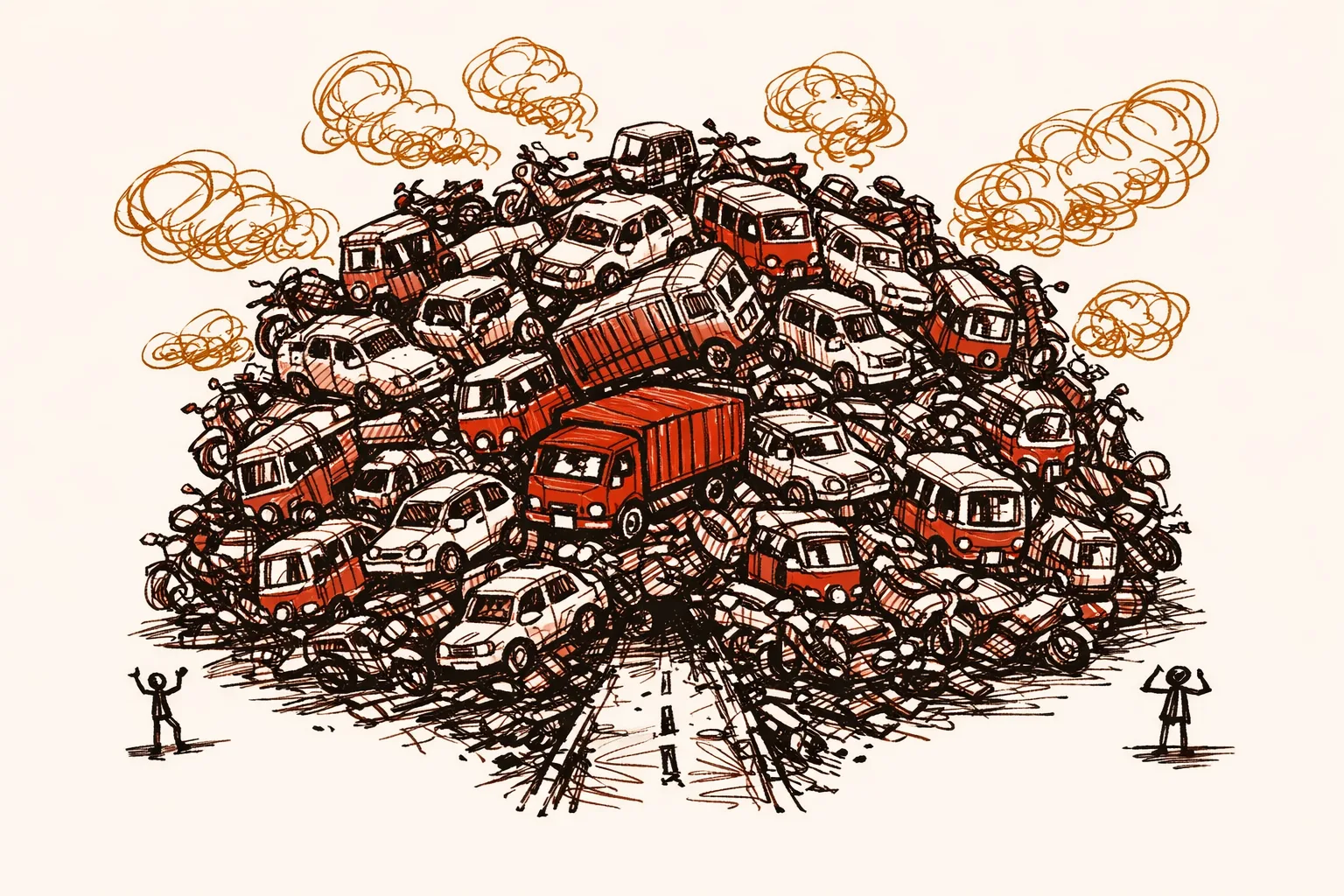 Editorial illustration showing an overwhelming mass of vehicles — motorcycles, cars, and trucks — crushing a narrow road, depicting how Delhi's vehicle population grew 40 times faster than its road network