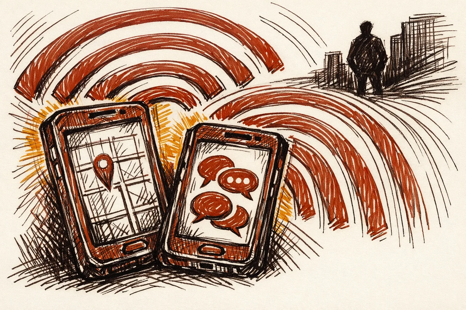Editorial illustration of two smartphones with map coordinates and chat signals connecting to a distant figure, representing the digital evidence trail linking Pahalgam attackers to their Pakistan-based handlers