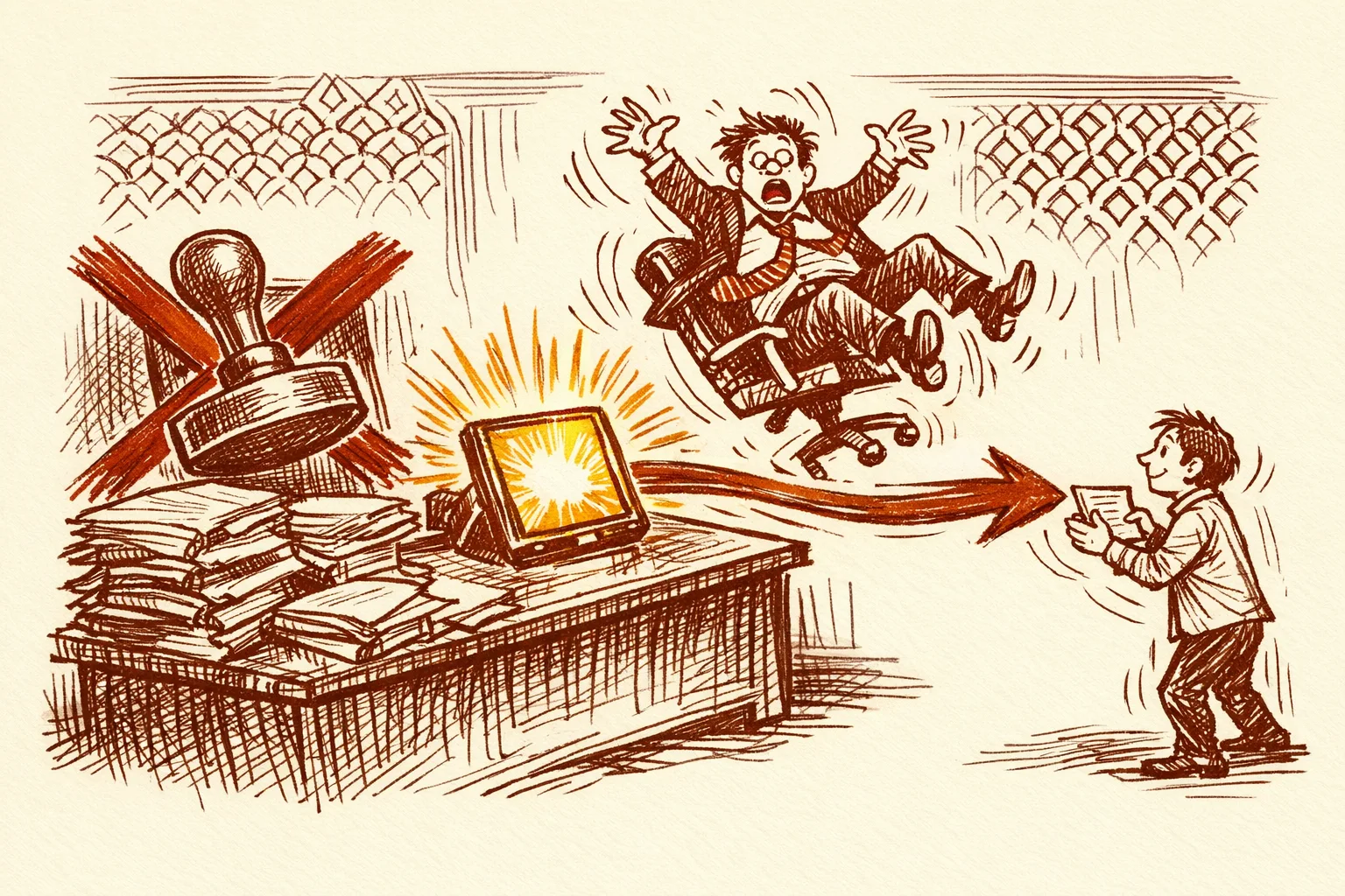 Editorial illustration showing a bureaucratic official being removed from a desk as a digital screen replaces a manual rubber stamp, with a direct arrow flowing to a citizen, representing the removal of human discretion through digitization to reduce corruption.