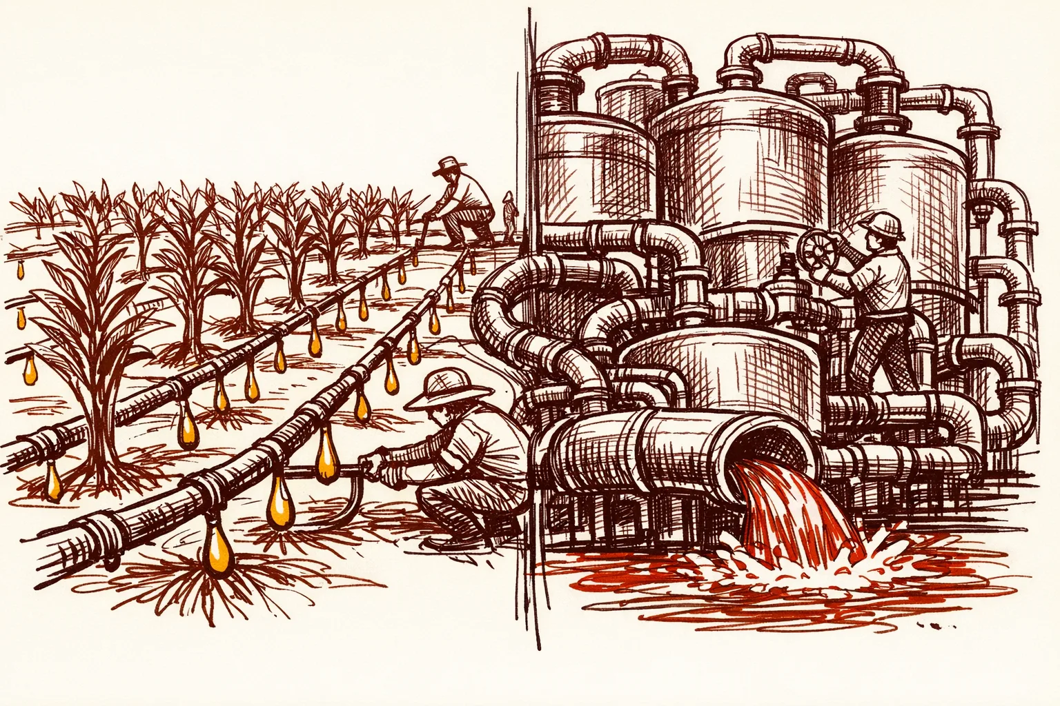 Editorial illustration with a split scene showing efficient drip irrigation feeding crops on one side and a wastewater recycling facility on the other, representing the water management solutions adopted by Israel and Singapore