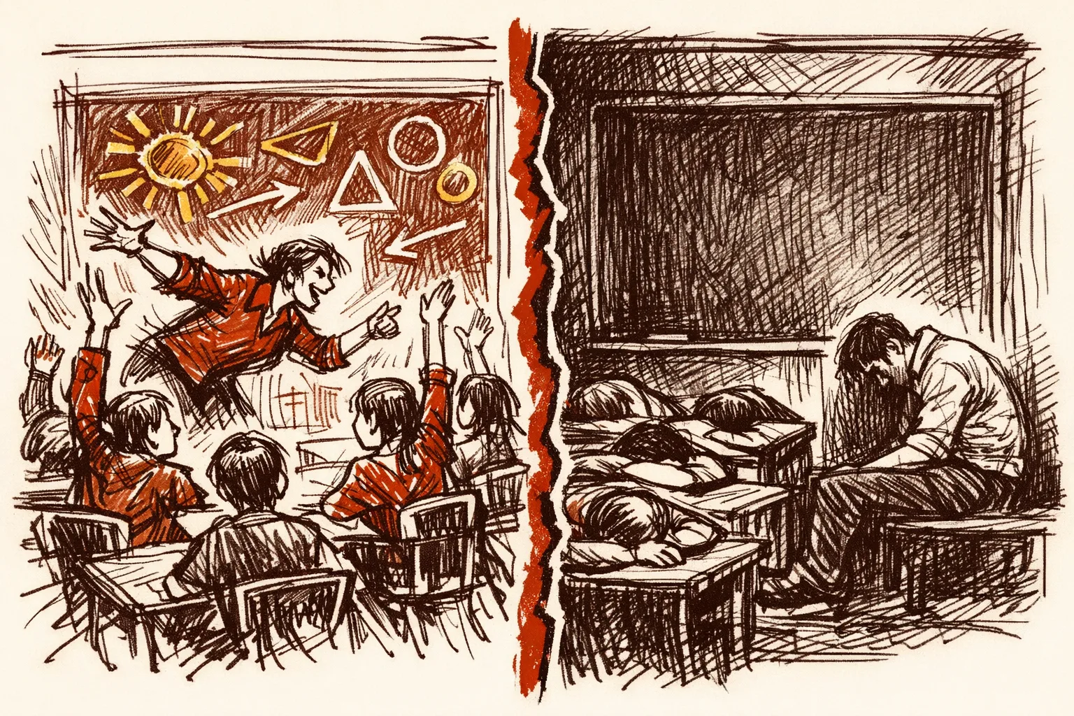 Editorial illustration split into two contrasting classroom scenes — on one side an energetic teacher with eager attentive students, on the other a slumped teacher with disengaged children, representing the difference between high-performing education systems and failing ones.