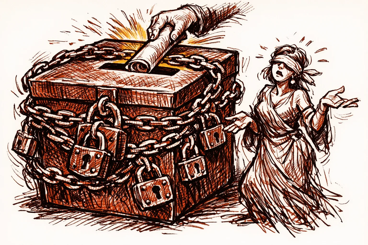 Editorial illustration of a padlocked box receiving an anonymous bond while a blindfolded figure stands unaware, representing the opacity of India's electoral bond scheme