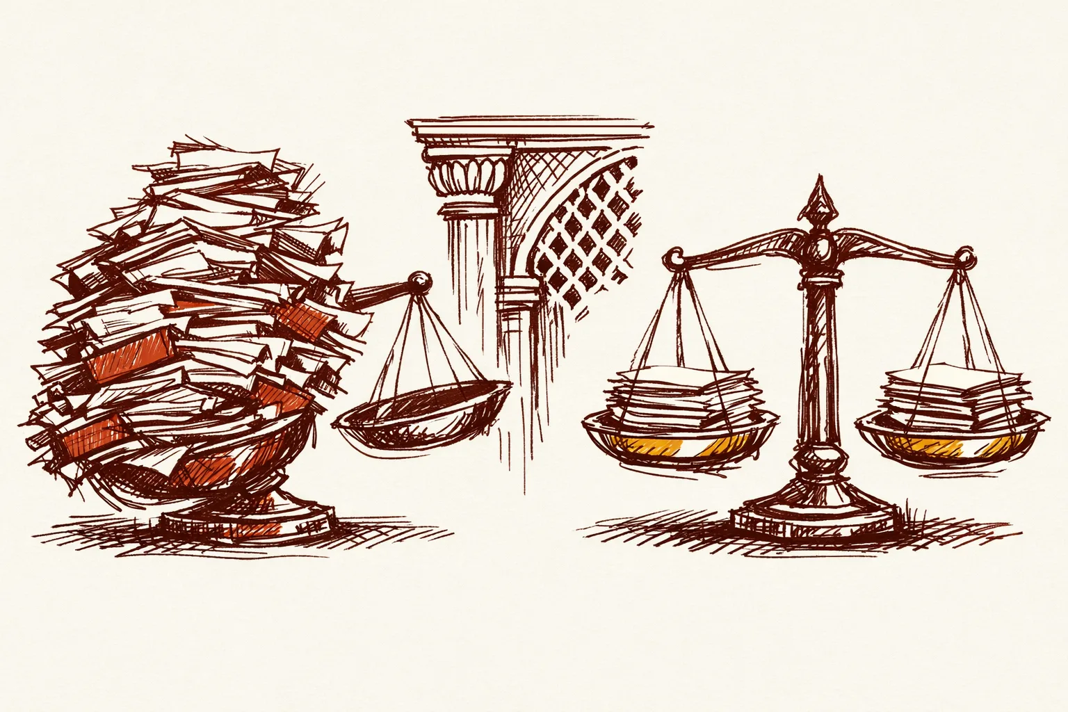 Editorial illustration of two contrasting balance scales, one overloaded and tipping with documents and one balanced, representing different evidentiary standards in anti-terror prosecutions across countries
