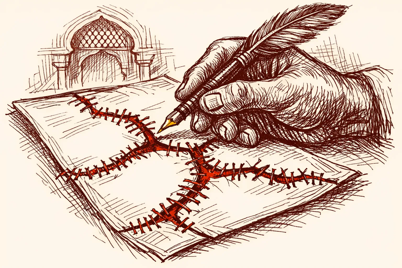 Editorial illustration of a large hand holding a pen above a cracked legal document being stitched back together, symbolising the need to repair India's anti-terror prosecution and sentencing process