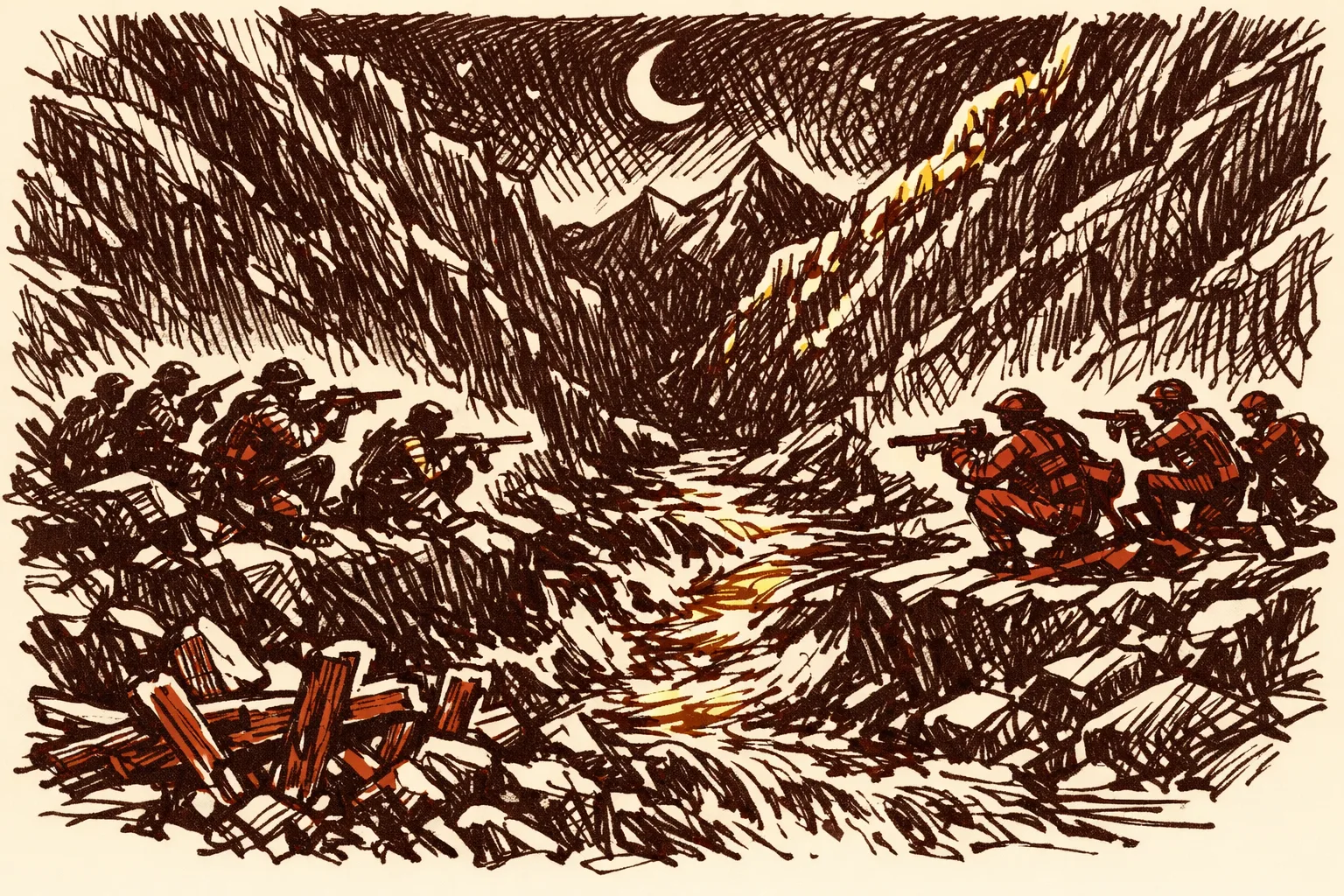 Editorial pen and ink illustration of two groups of soldiers in tense standoff across a rocky mountain river valley at night, representing the Galwan Valley clash between Indian and Chinese forces