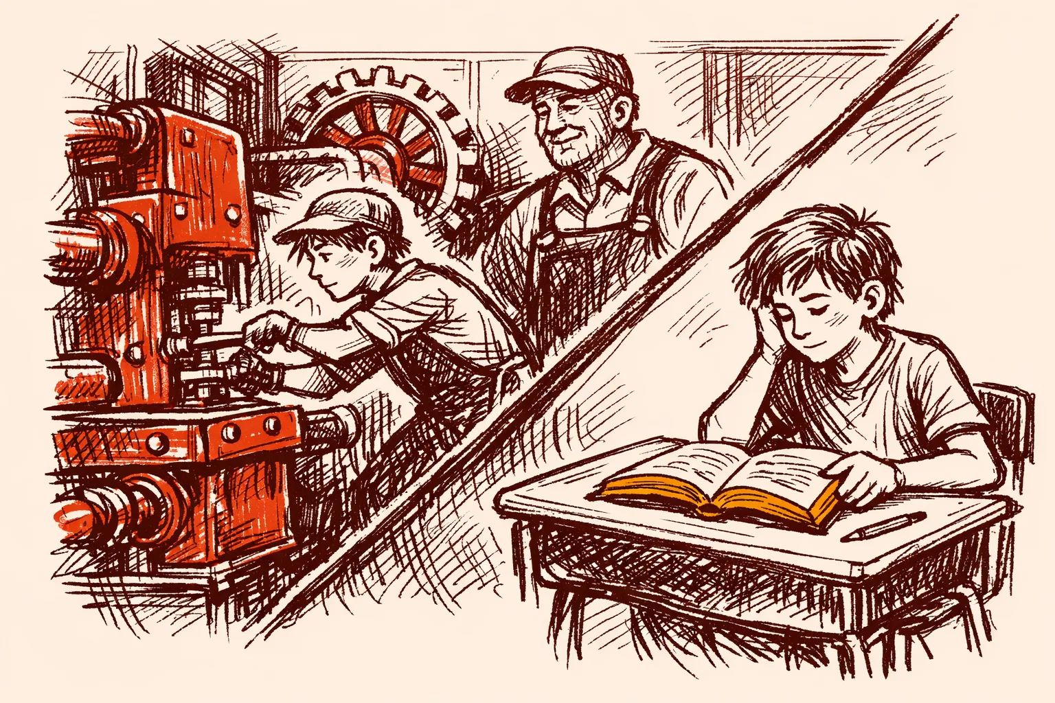 Editorial illustration showing a young apprentice working on industrial machinery alongside a mentor on one side, and studying at a vocational school desk on the other, representing Germany's dual apprenticeship training model
