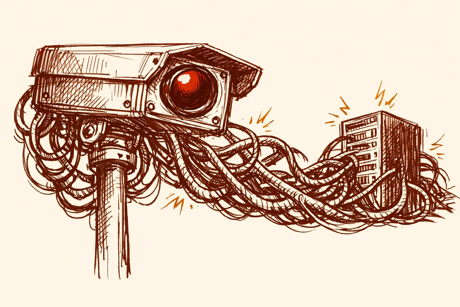 Editorial illustration of a CCTV camera with wires snaking toward a server tower, representing hidden backdoor data transmission risks in Chinese surveillance equipment