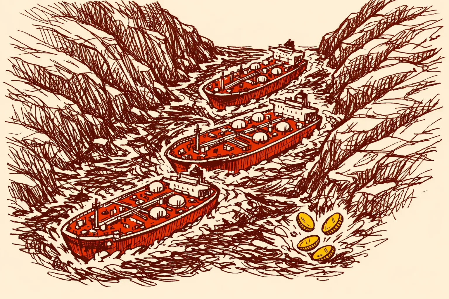 Editorial illustration of oil tankers crowded through a narrow sea strait representing India's energy vulnerability at the Strait of Hormuz