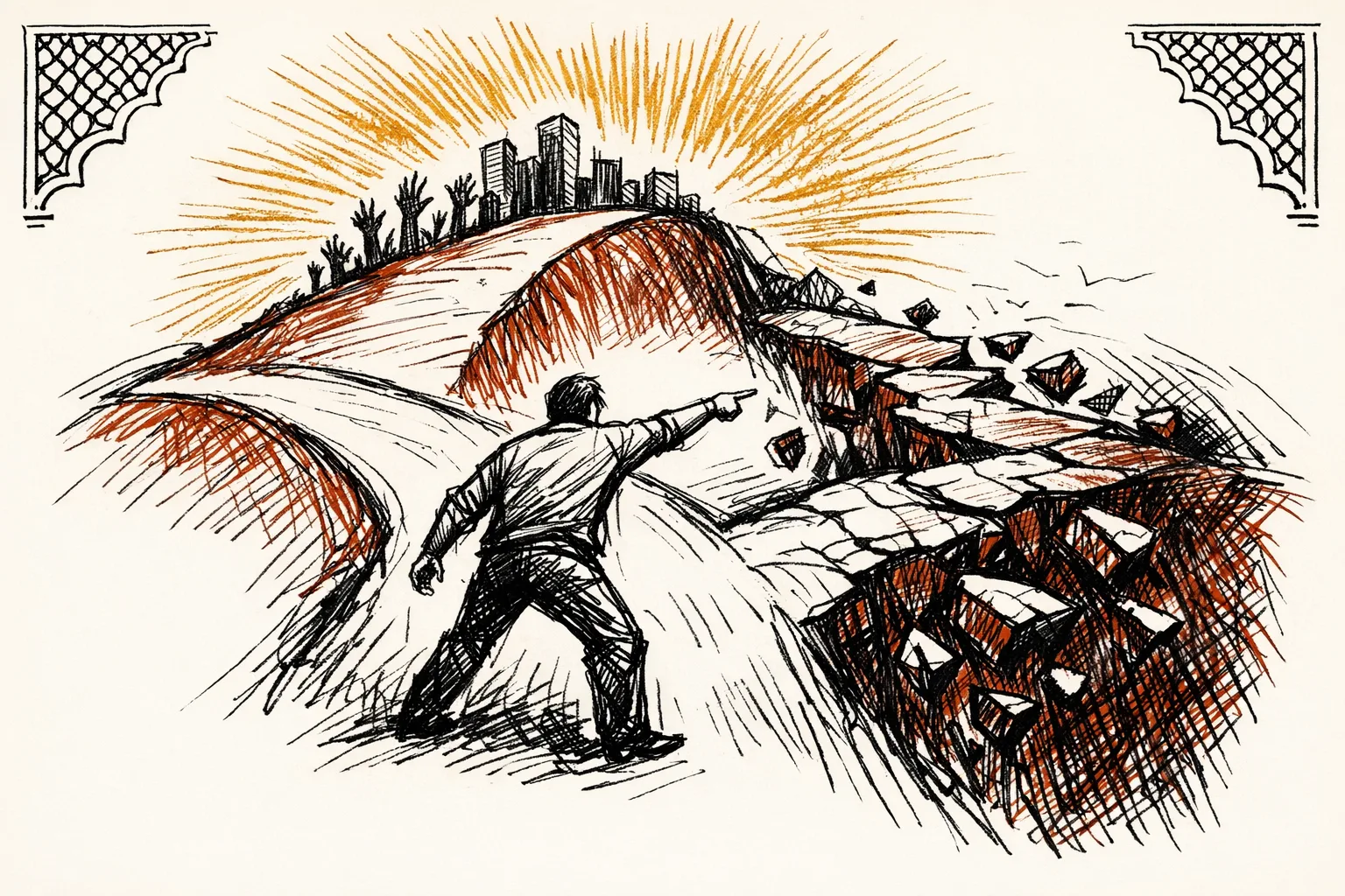 Editorial illustration of a decisive figure at a fork in the road, one path rising toward opportunity and new AI-enabled jobs, the other crumbling away, representing the urgent policy choices India must make to address AI-driven job displacement