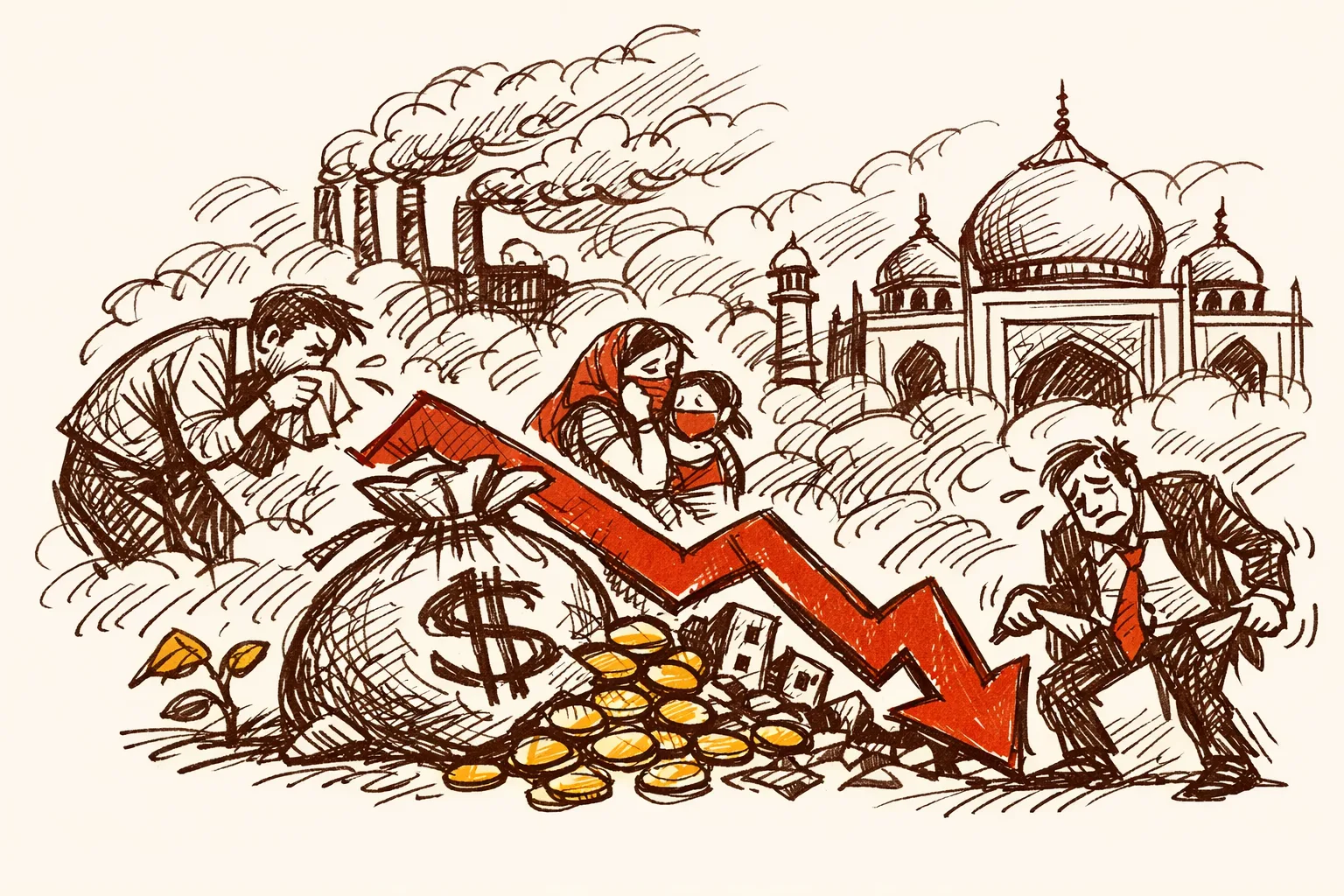 Editorial illustration for India Air Pollution Is Erasing Nearly 10% of GDP Every Year