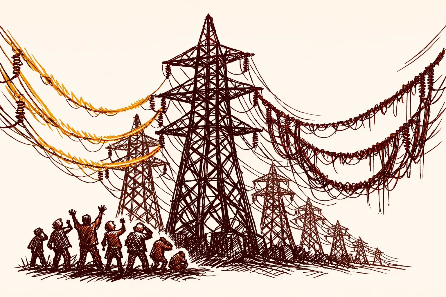 Editorial illustration of electrical transmission pylons with power flowing on one side and dimming on the other, representing India's economic leverage over Bangladesh through electricity exports and trade dependencies