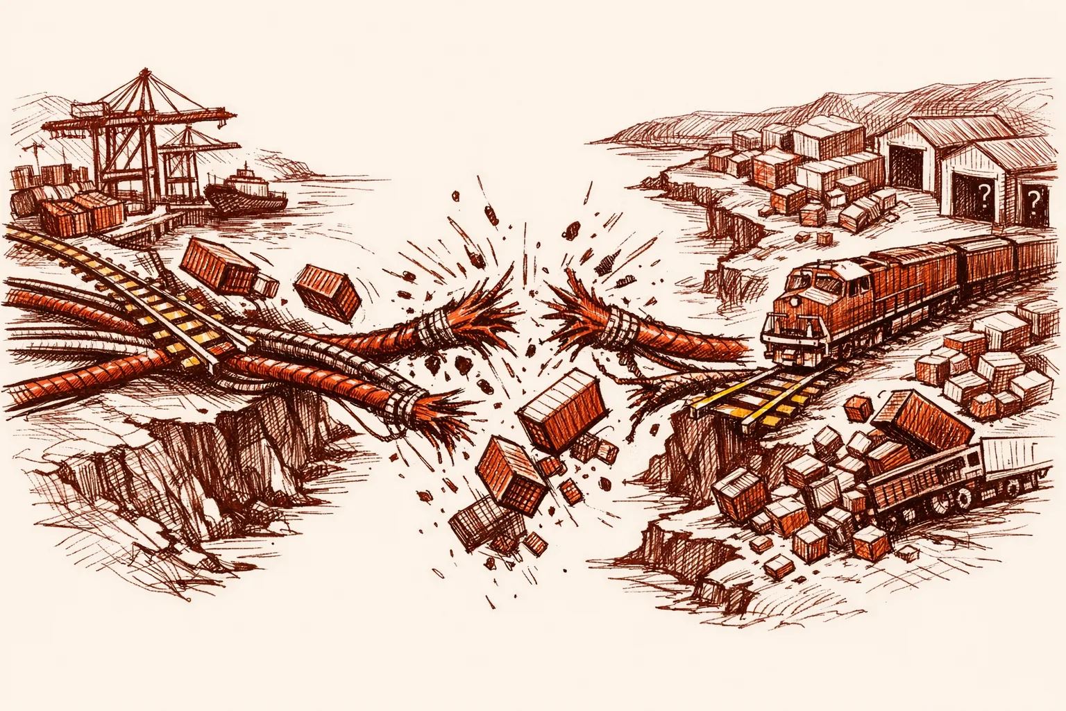 Editorial illustration of trade route lines and railway connections snapping and fraying between two neighboring territories with spilled cargo containers and halted freight trains symbolizing economic disruption