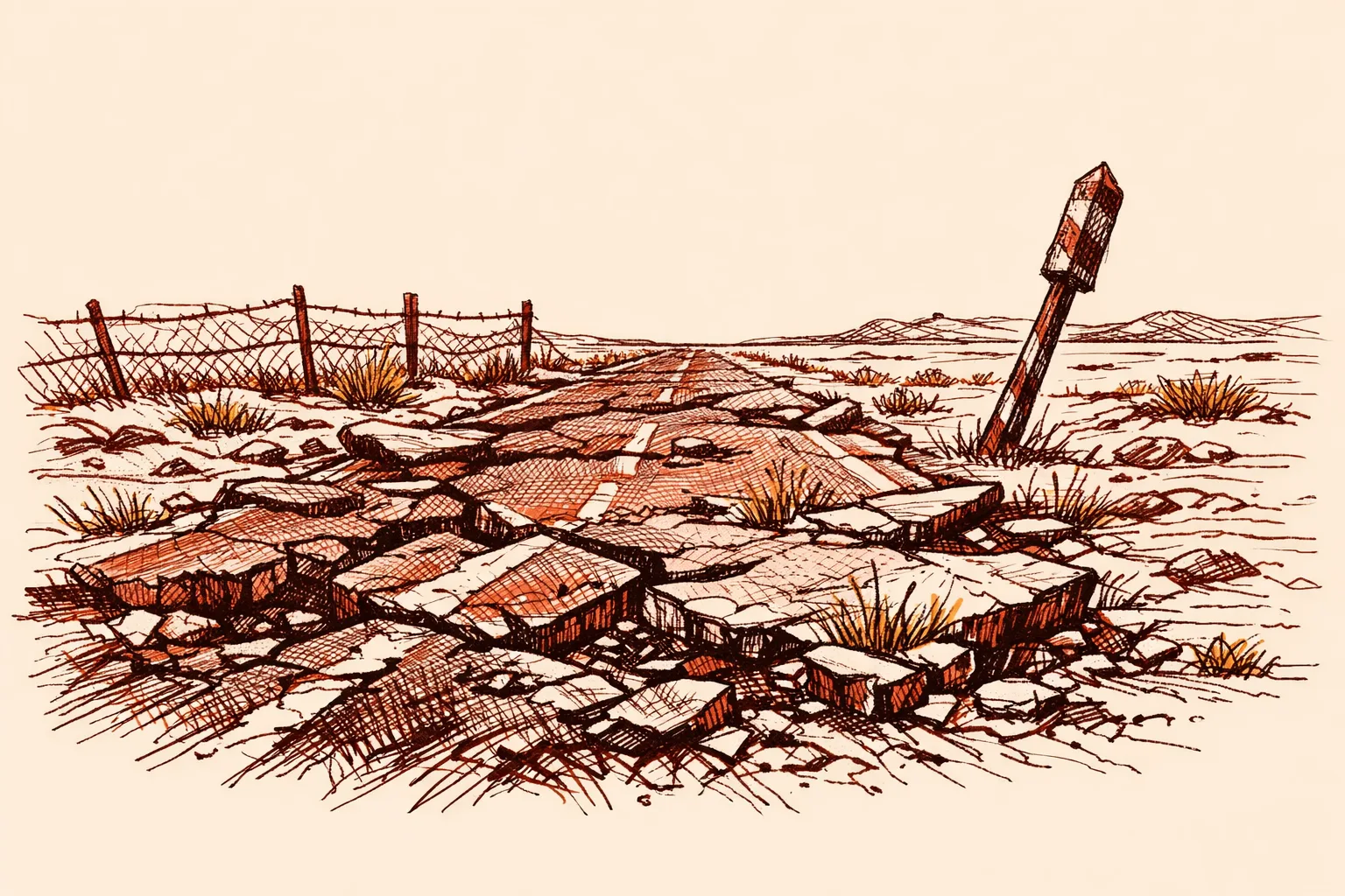 Editorial illustration of a crumbling broken road dissolving into desert sand at a border fence, representing decades of deliberate neglect of Indian frontier road infrastructure