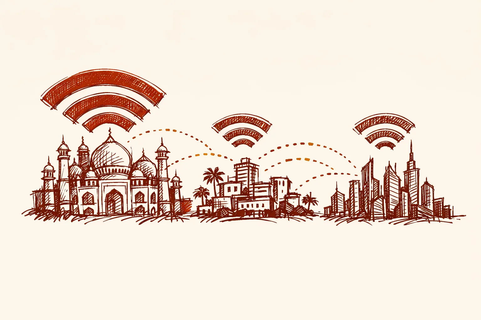 Editorial illustration of three city skylines representing India, Brazil, and Singapore, each with a digital signal arc above it and connecting lines between them, comparing their digital payments systems.