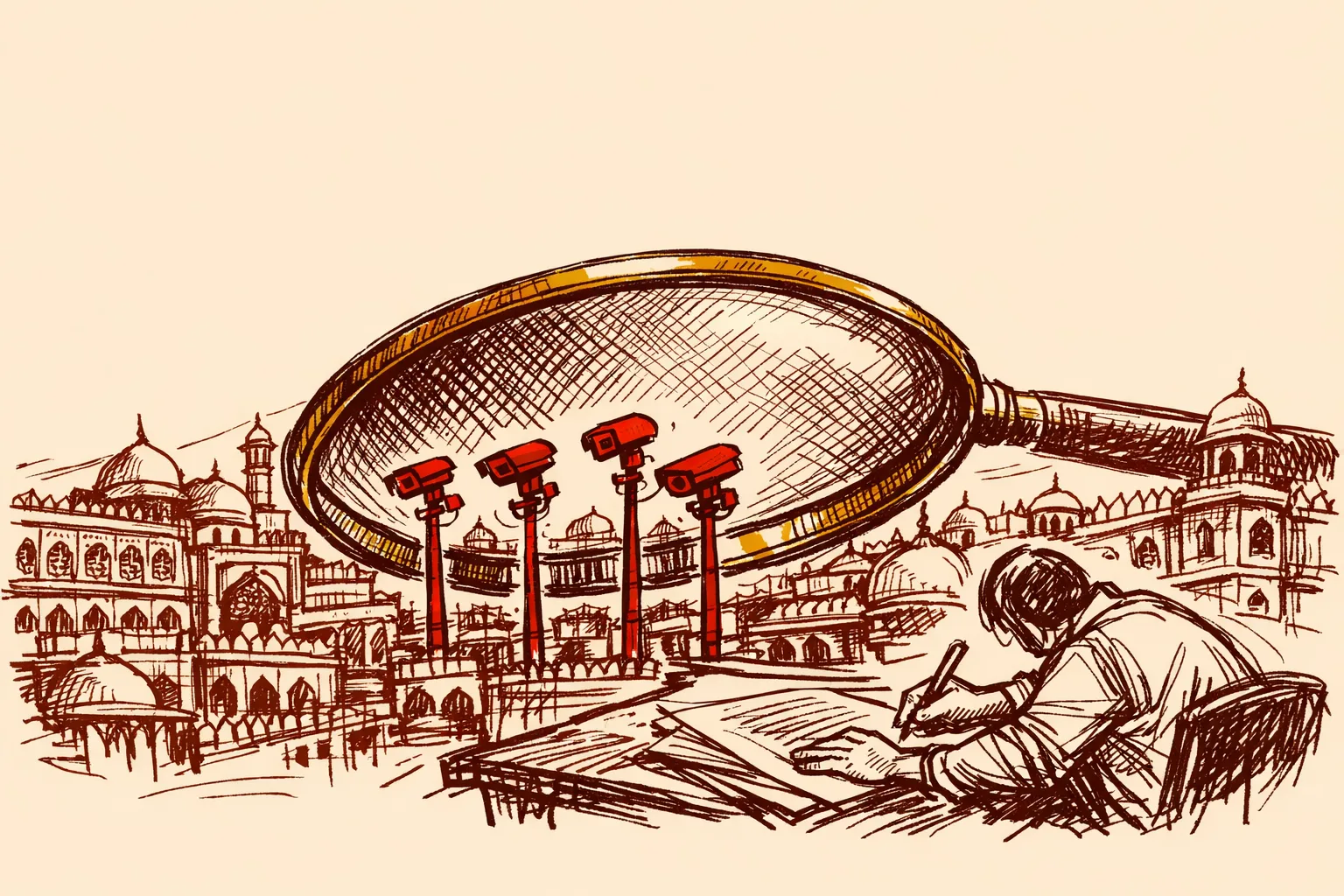 Editorial illustration of an Indian city skyline with CCTV camera poles under a magnifying glass audit sweep and a figure signing a policy document, representing the need for national surveillance audits and procurement enforcement