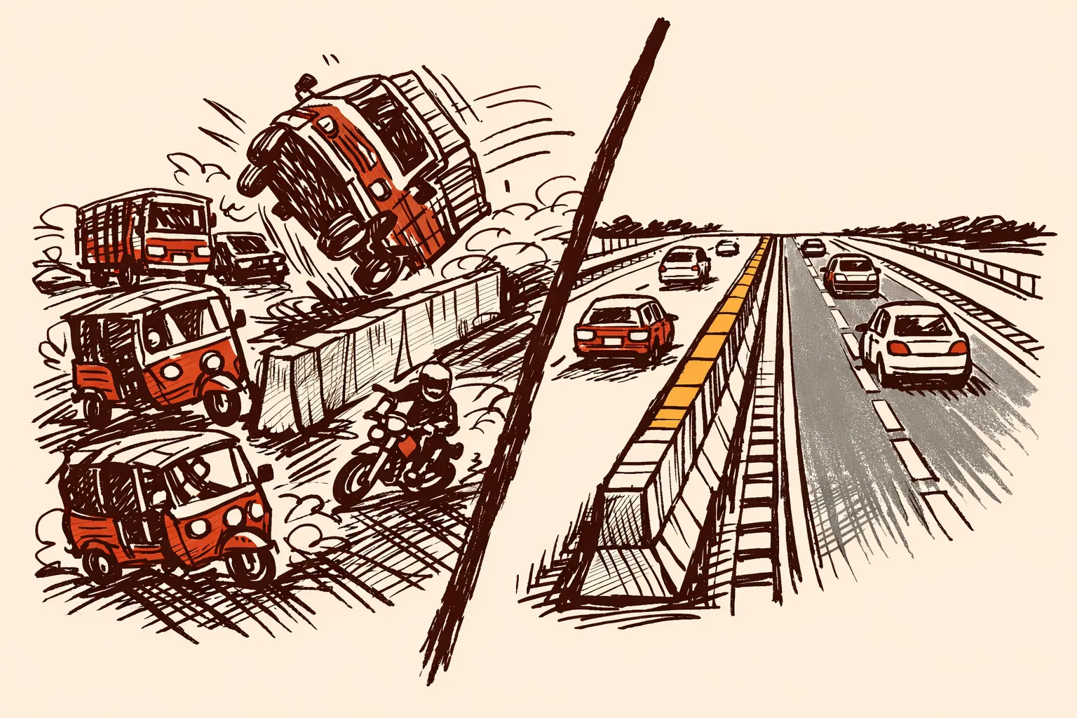 Editorial illustration split diagonally showing chaotic dangerous Indian highway traffic with an oversized median on one side, contrasted with a safe orderly divided road with a proper median barrier on the other side, representing Vision Zero road design.