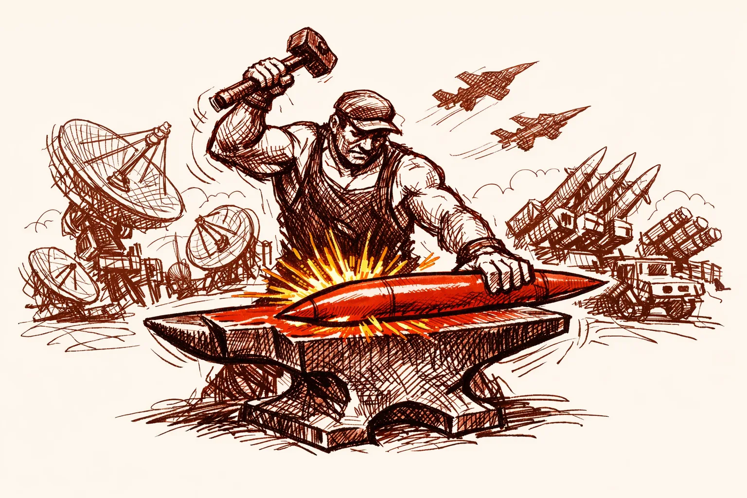 Editorial illustration of a worker forging a missile at an anvil surrounded by radar dishes and air defence systems, representing India's years of defence investment before Operation Sindoor