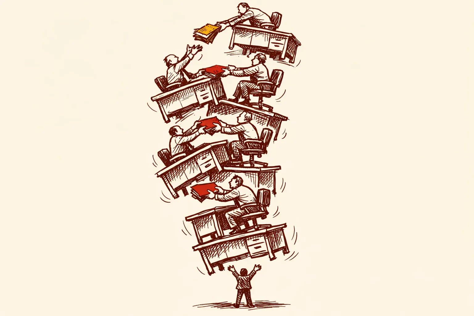 Editorial illustration showing a towering stack of bureaucratic desks with officials passing a crumpled folder upward through multiple approval layers, representing India's defence procurement bottleneck