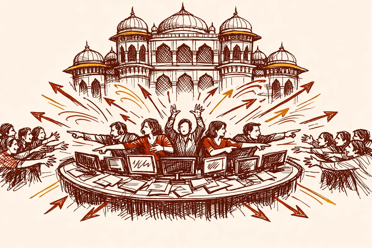 Editorial illustration of energetic figures at a curved communications desk sending signal lines outward in all directions, backed by a grand Indian architectural facade with arched colonnades, with diaspora community figures reaching in from the sides, representing the proactive diplomatic rapid-response capability India needs to build.