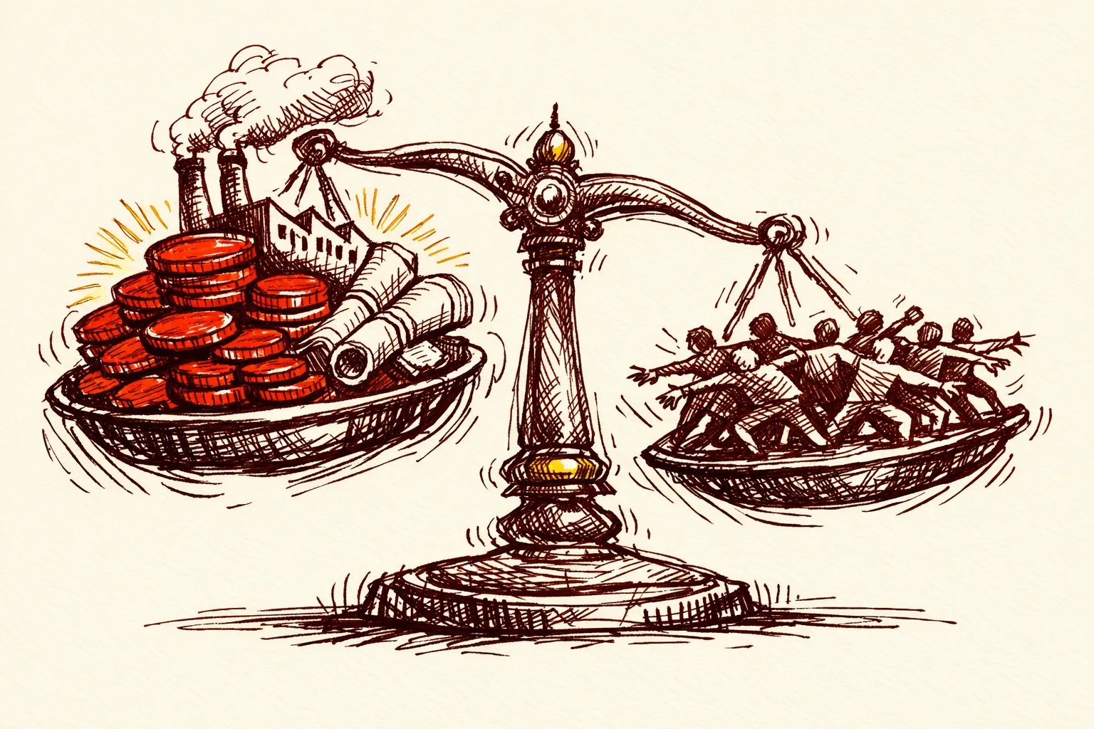 Editorial illustration of an unbalanced weighing scale with coins and industry on one side and fragmenting human figures pulling apart on the other, representing the economic cost of social instability and alienated minorities to India's growth