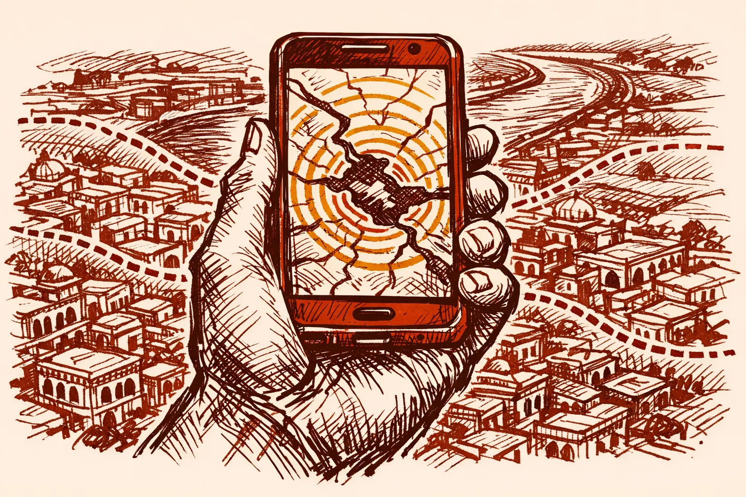 Editorial illustration of a hand holding a smartphone displaying a flood warning map with alert signals, set against an aerial view of an Indian city with drainage channels and flood zone boundaries