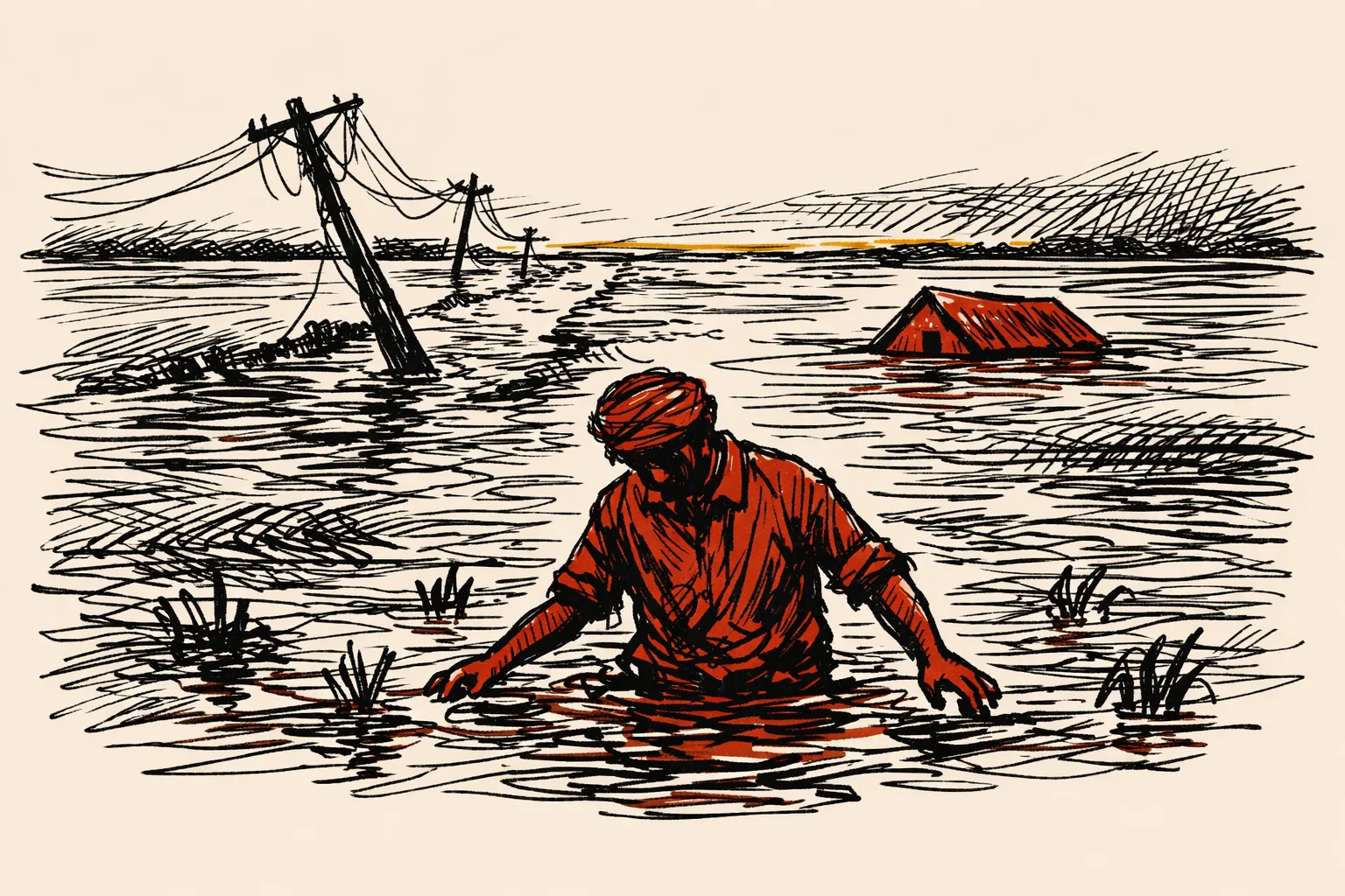 Editorial illustration of an Indian farmer standing waist-deep in floodwater surrounded by submerged crops and a partially visible rooftop, depicting the massive scale of annual flood damage across Indian farmland