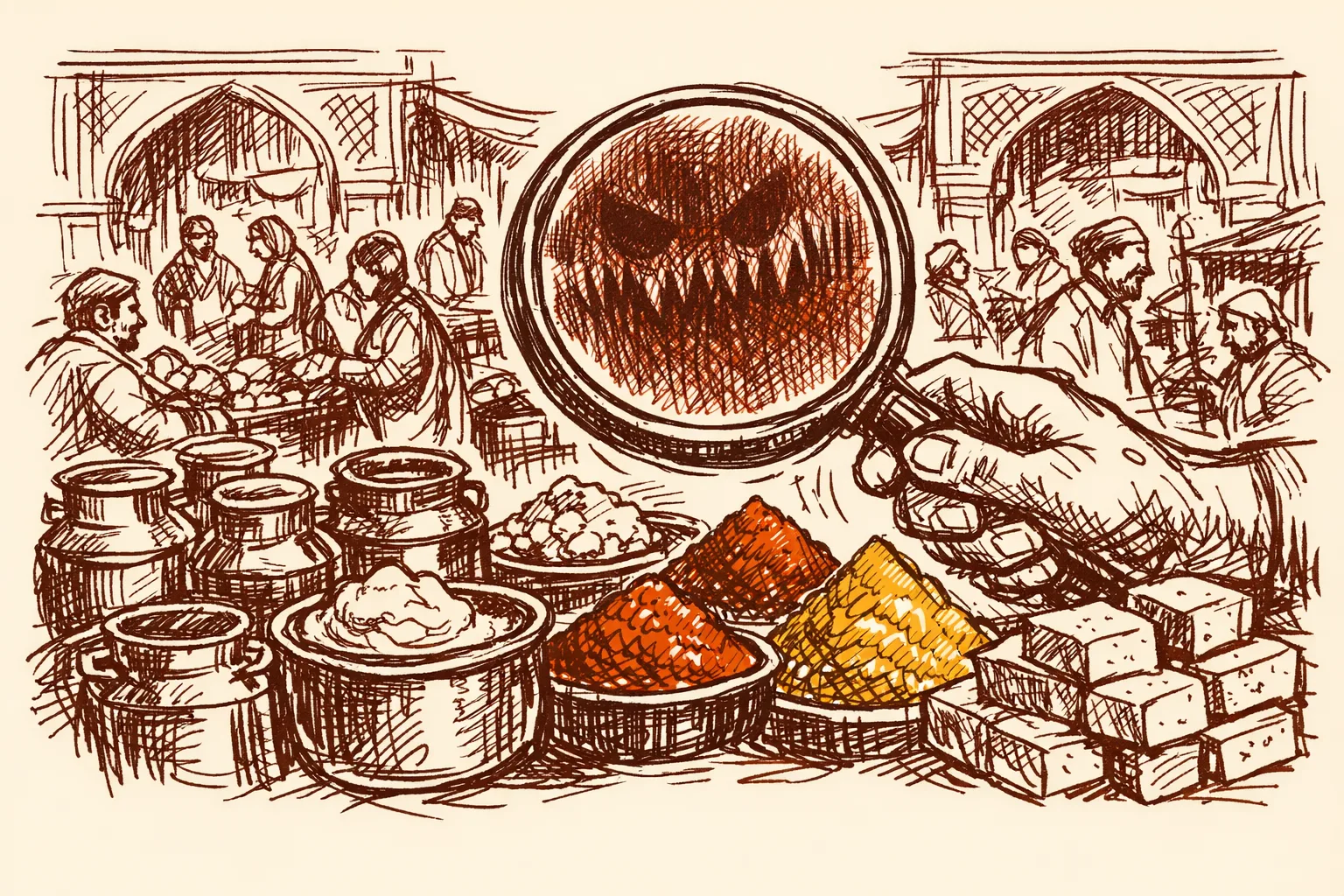 Editorial illustration of a crowded Indian market with stalls of milk, ghee, spices, and paneer, a large magnifying glass revealing hidden contamination in everyday food staples