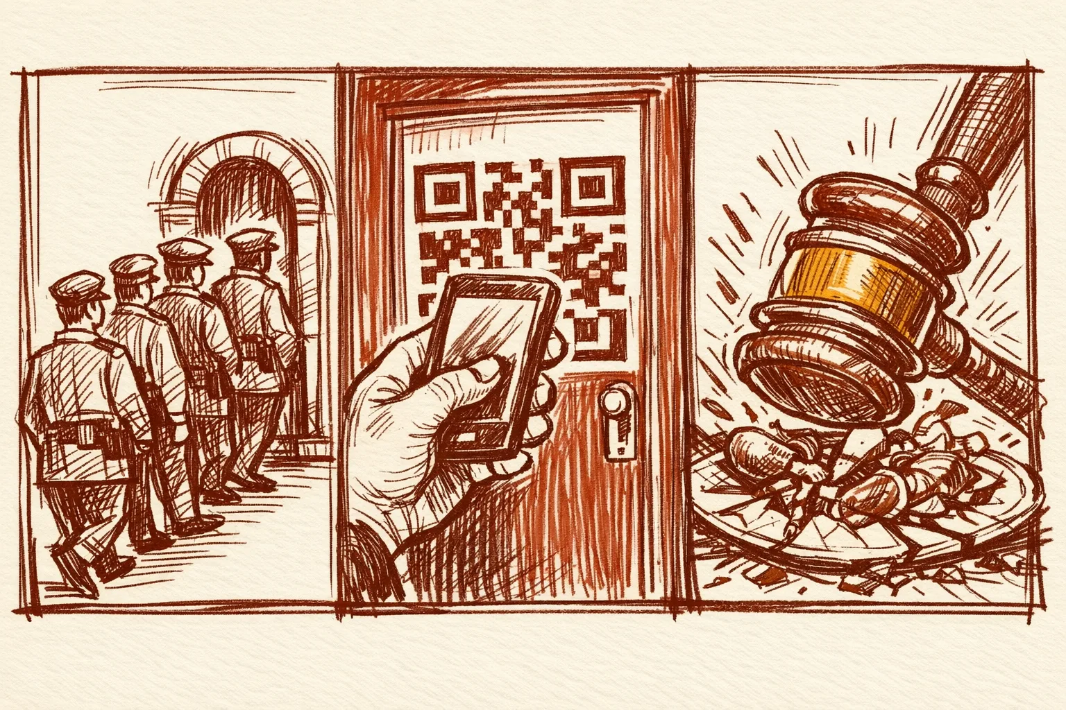 Editorial triptych illustration showing three enforcement actions: food safety officers being hired, a consumer scanning a restaurant safety QR code, and a judge's gavel cracking down on adulterated food