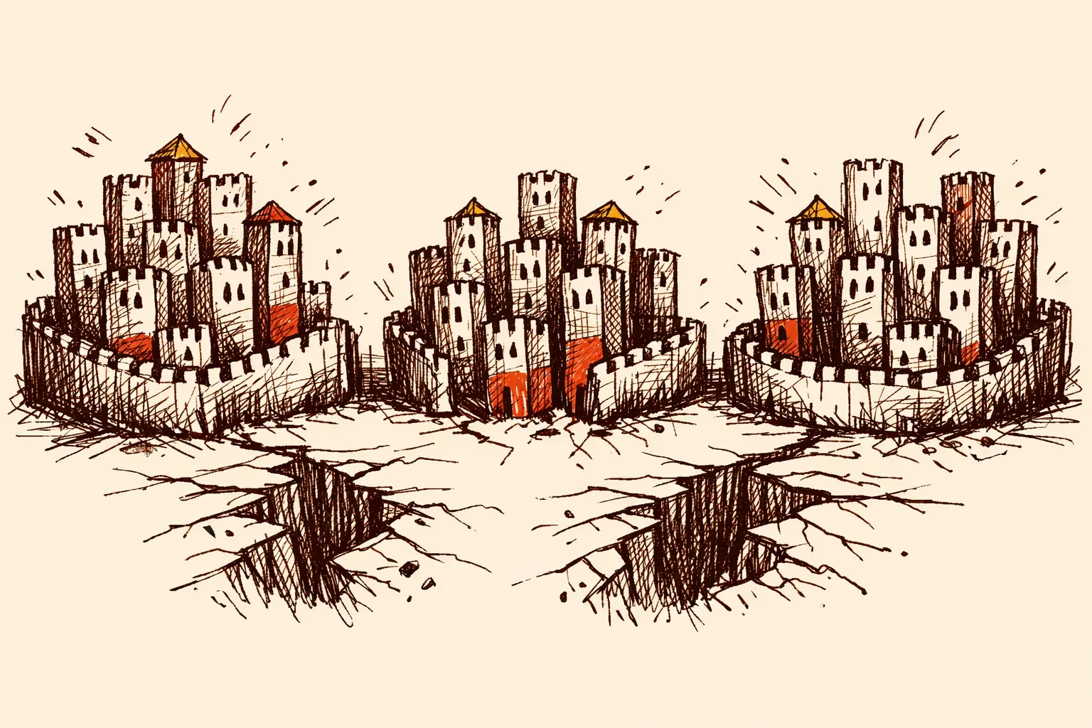 Editorial illustration of seventeen fragmented military command towers divided into three separated groups with barriers between them, representing India's single-service command structure problem