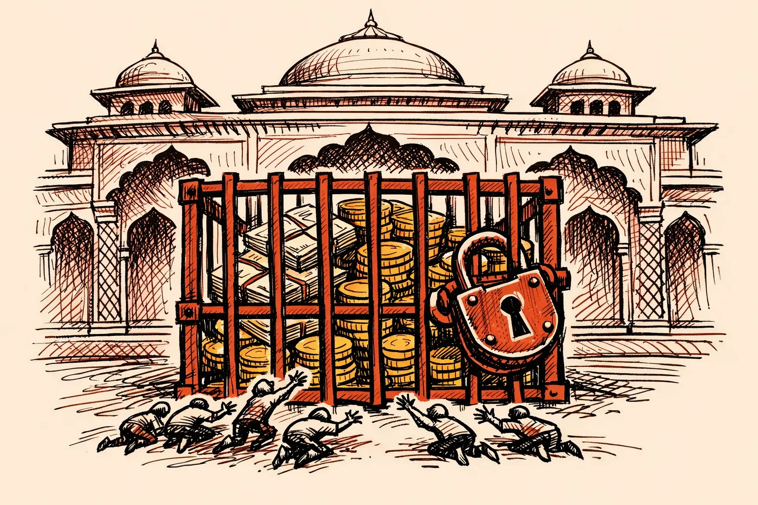 Editorial illustration of a government building with stacked coins and currency locked behind iron bars while workers reach toward them, representing frozen anti-poverty budgets and the cost of political inaction