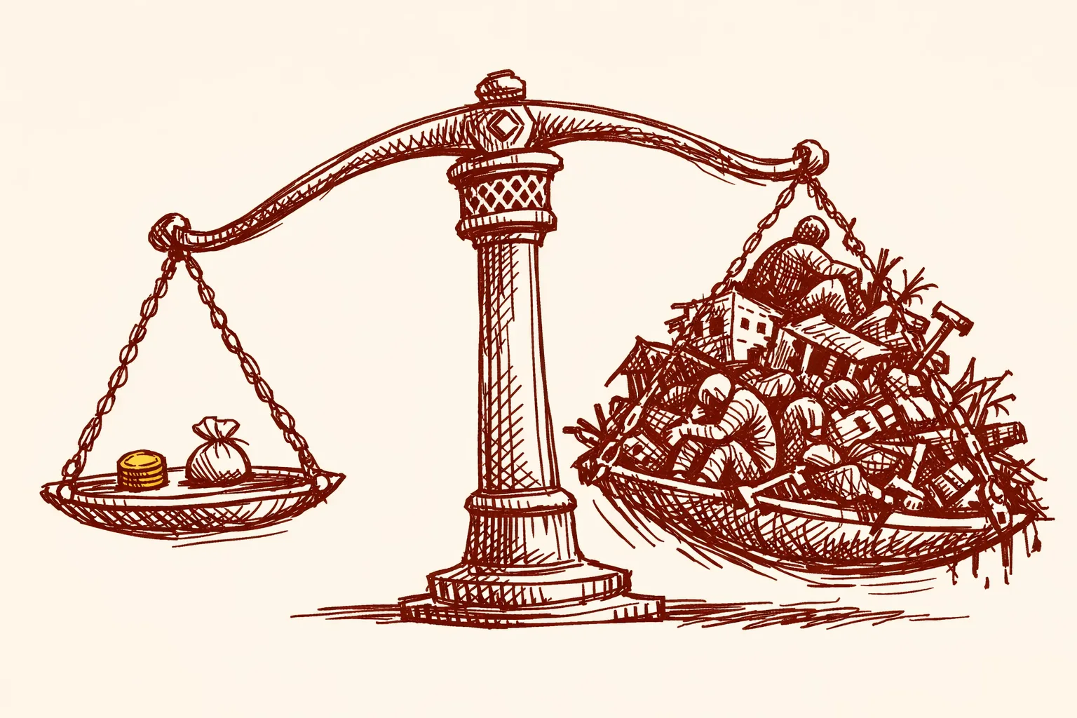 Editorial illustration of a dramatic balance scale with a small coin on the light left pan rising up and a massive pile of slumped figures, crumbling structures, and broken tools crushing down the heavy right pan, representing the economic cost of underinvestment in Indian healthcare.