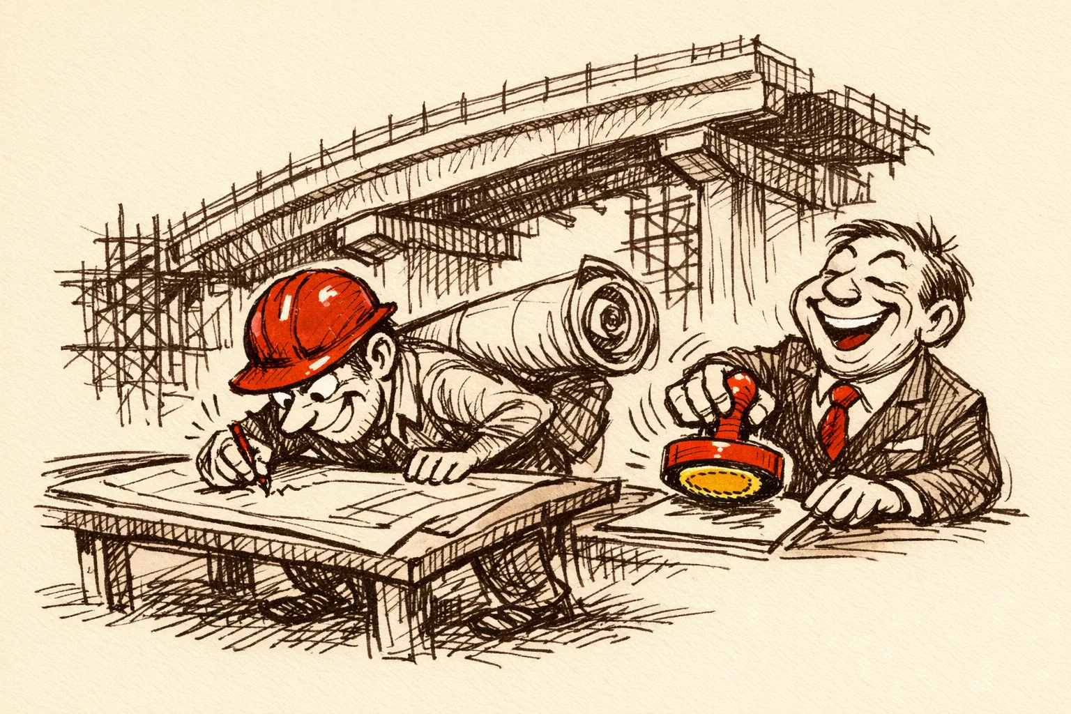 Editorial illustration of a contractor hiding inflated project costs while a bureaucrat approves an artificially low bid, representing deliberate under-estimation of infrastructure project costs in India
